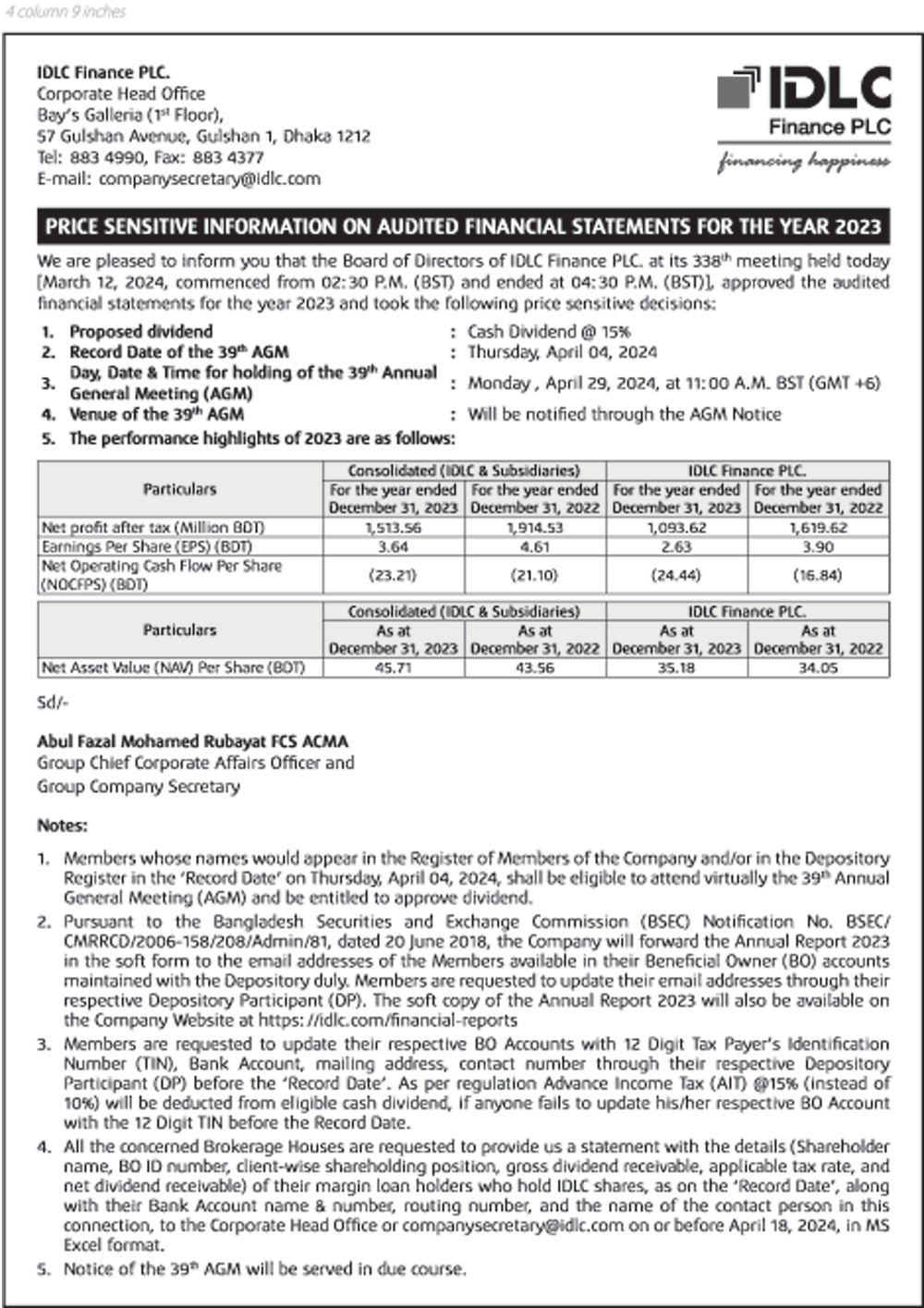 Price Sensitive Information On Audited Financail Statements For The ...